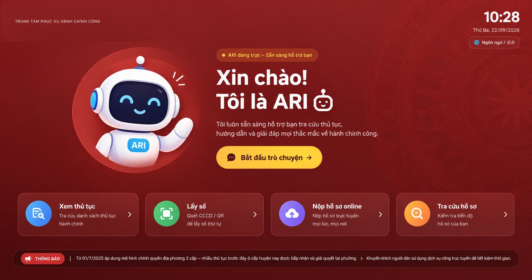 Robot lễ tân cho Hành chính công — màn hình kiosk tra cứu thủ tục, lấy số thứ tự, nộp hồ sơ trực tuyến và tra cứu tiến độ hồ sơ