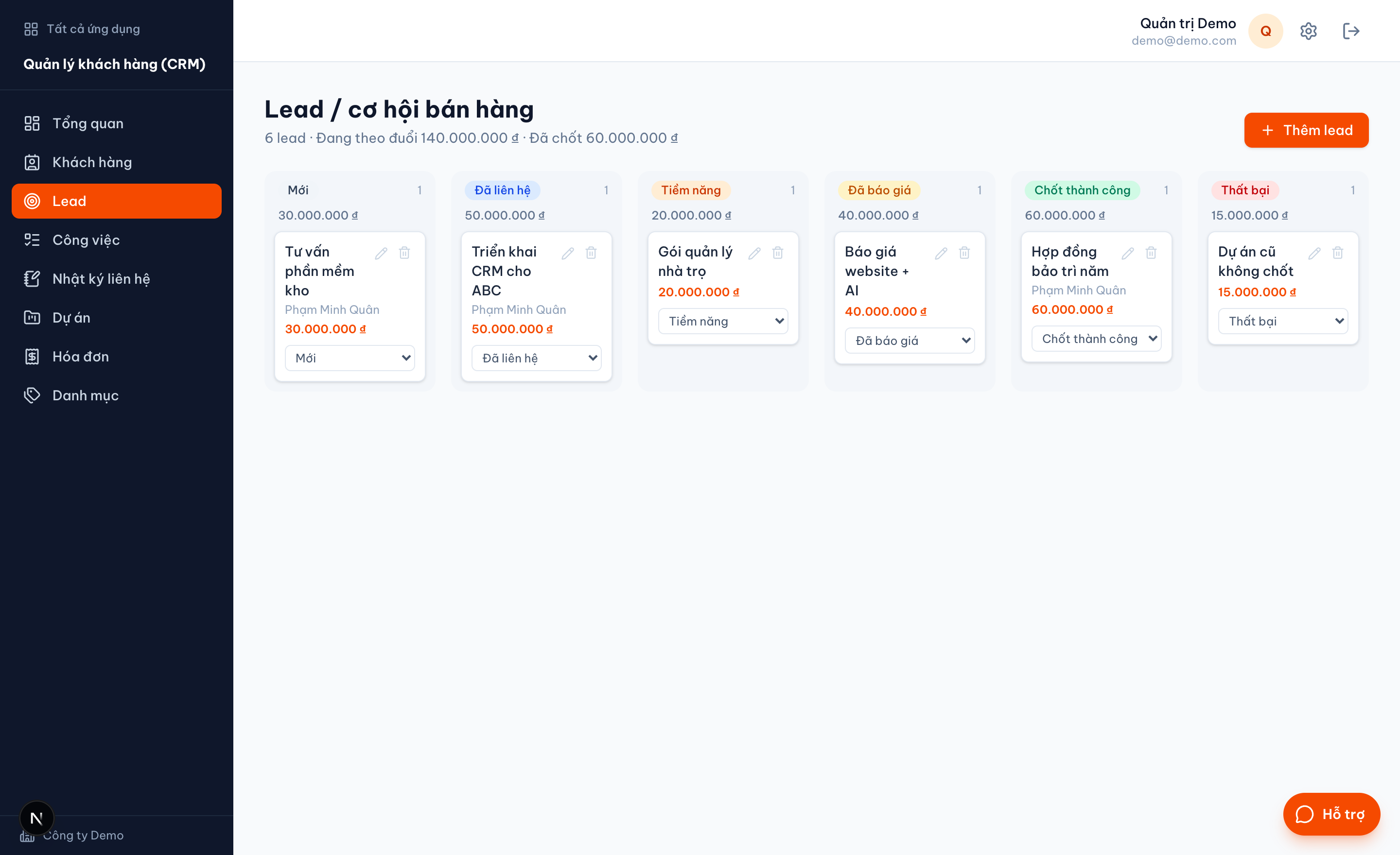 Giao diện Quản lý khách hàng (CRM)